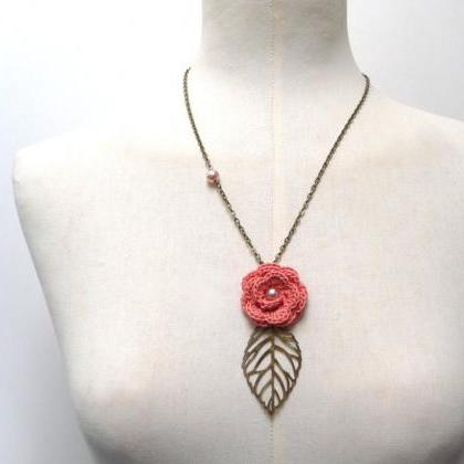 Crochet Flower Necklace With Brass Chain And Leaf..