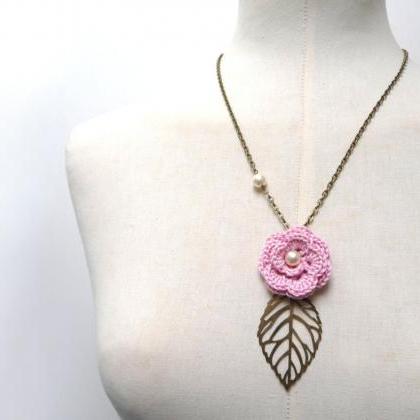 Crochet Flower Necklace With Brass Chain And Leaf..