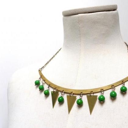 Gold Brass Garland Necklace, Triangles And Green..