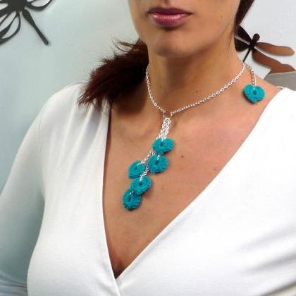 Heart Necklace With Tiny Turquoise Blue Crochet..