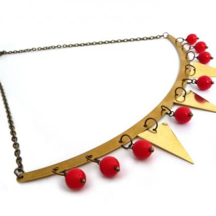 Gold Brass Garland Necklace, Triangles And Red..