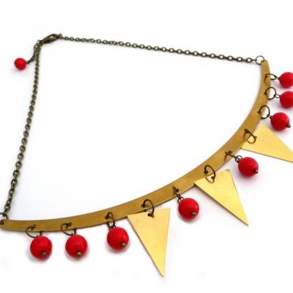 Gold Brass Garland Necklace, Triangles And Red..