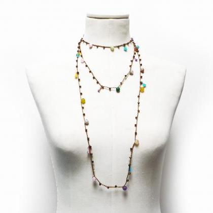 Long Boho Beaded Necklace With Gold Brass..