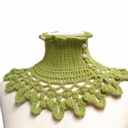 Victorian Wool Collar Neck Warmer, Crochet Green..