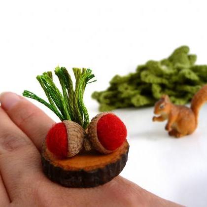 Adjustable Statement Wood Ring With Red Felt Acorn..