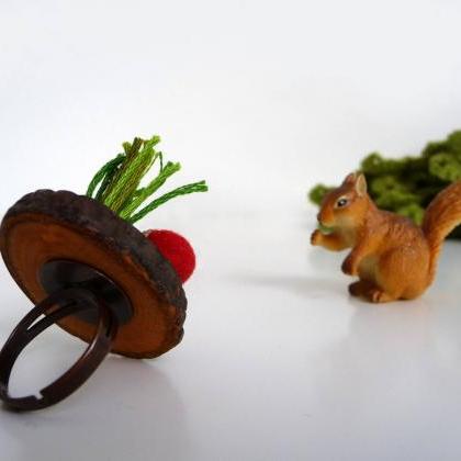 Adjustable Statement Wood Ring With Red Felt Acorn..