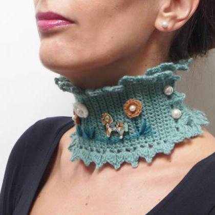 Sage Green Choker Collar Necklace With Little..