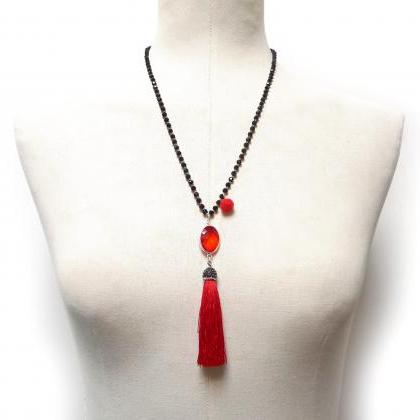 Red Tassel Necklace With Black Beaded Chain -..