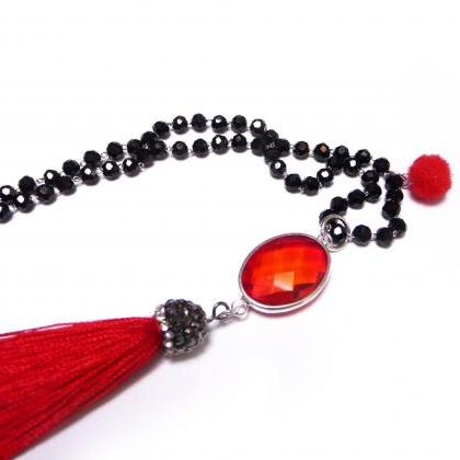 Red Tassel Necklace With Black Beaded Chain -..