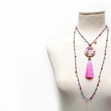 Long Beaded Necklace With Red Pink And Aqua Green..