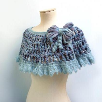 Crochet Capelet / Wrap / Scarf - Light Blue -..
