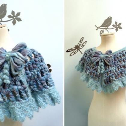 Crochet Capelet / Wrap / Scarf - Light Blue -..