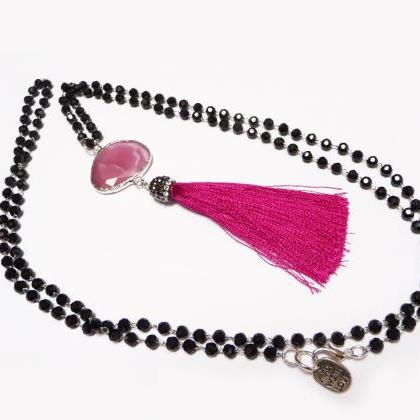 Tassel Necklace With Long Beaded Chain - Black..