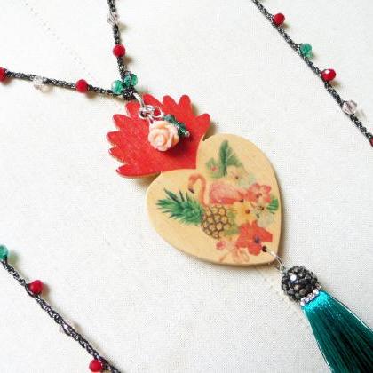Flamingo Long Beaded Necklace With Red Pink And..