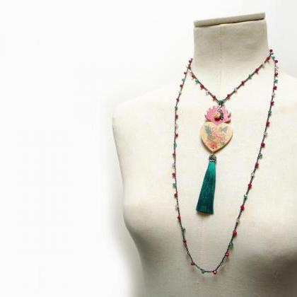 Flamingo Long Beaded Necklace With Red Pink And..
