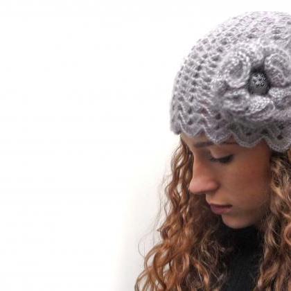 Black Crochet Cloche Hat With Flower - Mohair..
