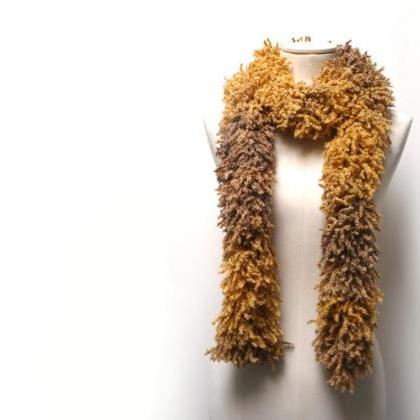 Hand Knit Yellow Beige Scarf - Mongolian Faux Fur..