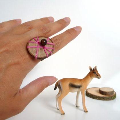 Embroidered Wood Ring - Chestnut Slice And Pink..
