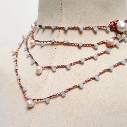 Long Beaded Necklace, Rose Gold Multi Wrap..