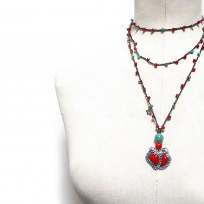 Sacred Heart Necklace With Aqua Green And Red Tiny..