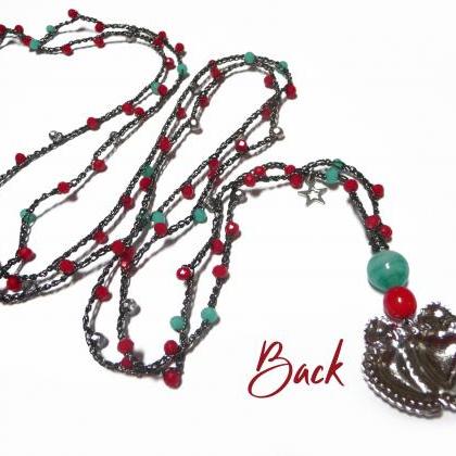 Sacred Heart Necklace With Aqua Green And Red Tiny..