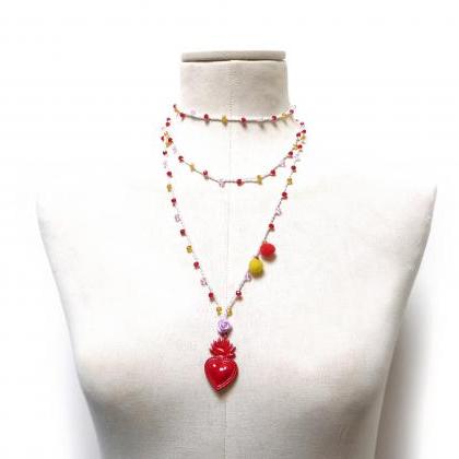 Red Sacred Heart Milagro Necklace - Long Beaded..