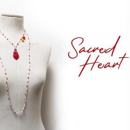 Red Sacred Heart Milagro Necklace - Long Beaded..