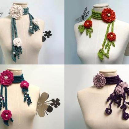 Personalized Scarf Necklace With Flowers, Leaves..