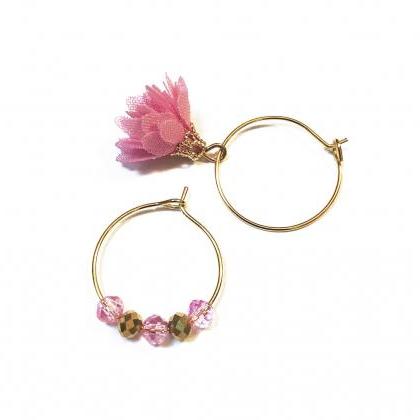 Gold Hoop Earrings with Pink mismat..