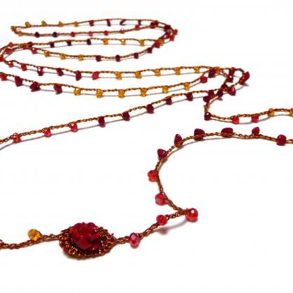 Long Beaded Wrap Necklace with Red ..