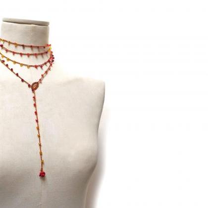 Long Beaded Wrap Necklace with Red ..