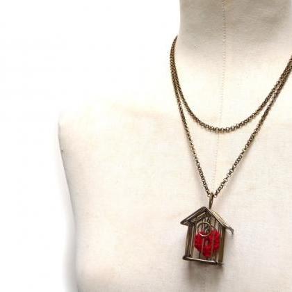 Birdcage Heart Necklace, Red Heart Pendant, Love..