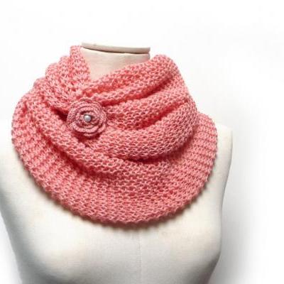 Peach Pink Infinity Scarf, Chunky Cowl, Knit Circle Scarf, Oversized Loop Scarf, Spring Tube Scarf with Flower Button, Mom Sister Aunt Gift