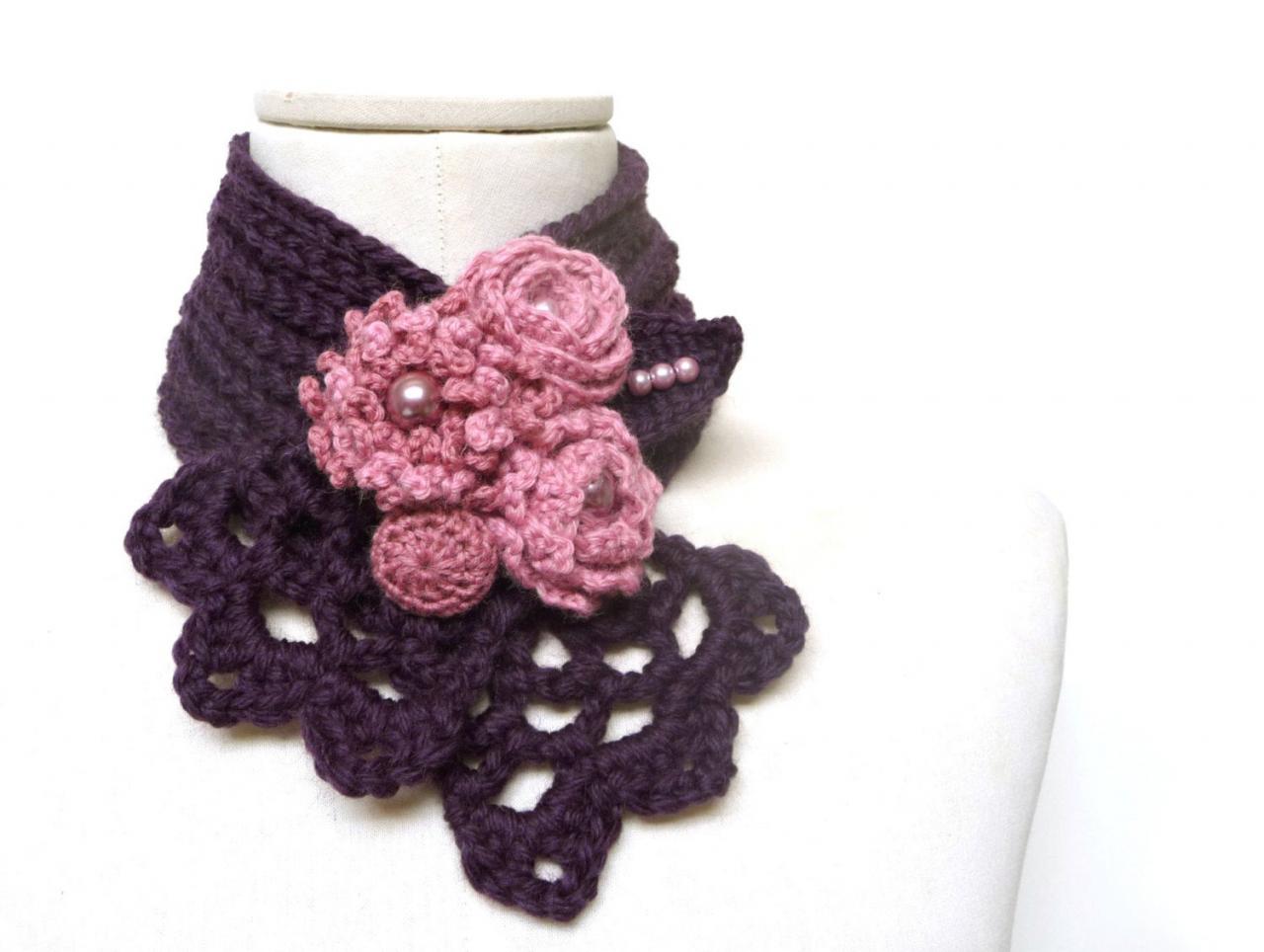 Crochet Purple Scarflette Neckwarmer Necklace With Powder Pink Flowers - Plum, Egg Plant, Purple And Pink Wool - Wild Flowers