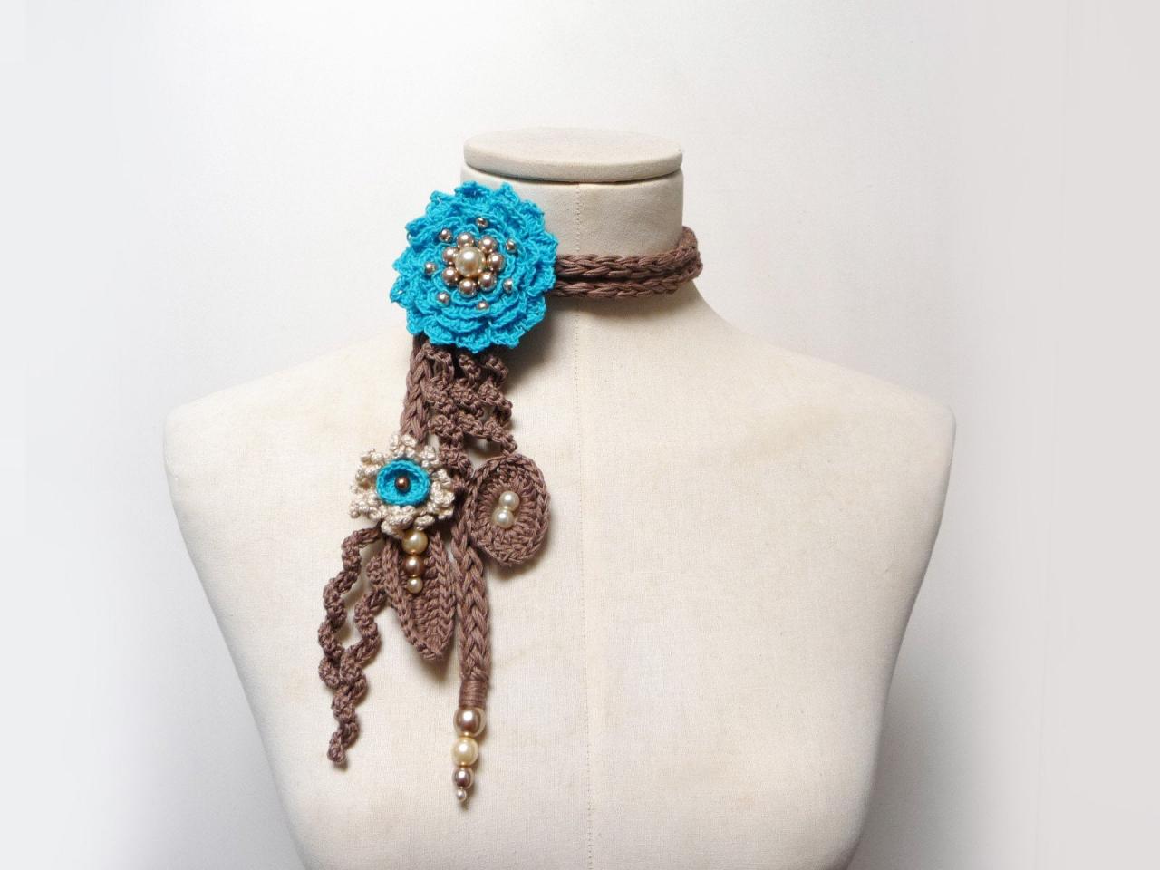 Crochet Lariat Necklace With Turquoise Flower And Brown Leaves, Cotton Statement Necklace, Summer Jewelry, Boho Lariat, Friend Gift
