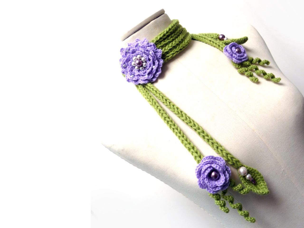 Crochet And Knit Scarf Necklace Or Neckwarmer With Flowers, Leaves And Glass Pearls - Made To Order - Choose Your Colors - Peony