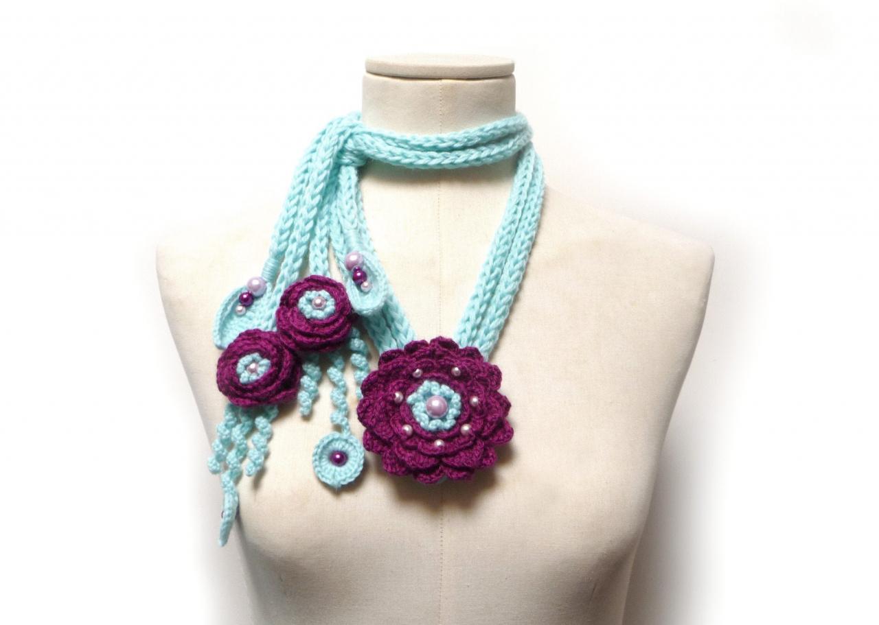 Crochet Necklace With Flowers, Leaves And Glass Pearls - Aquamarine And Plum Purple - Made To Order Crochet Scarf Neckwarmer - Peony