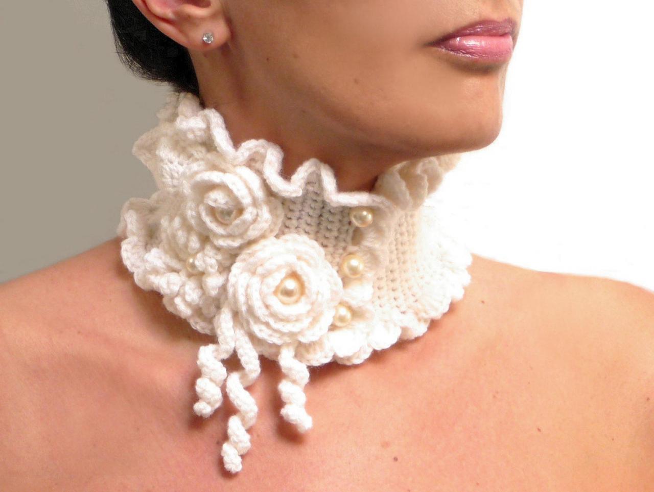 Crocheted White Neckwarmer With Flowers And Glass Pearls - Lux Cowl Choker - White Garden