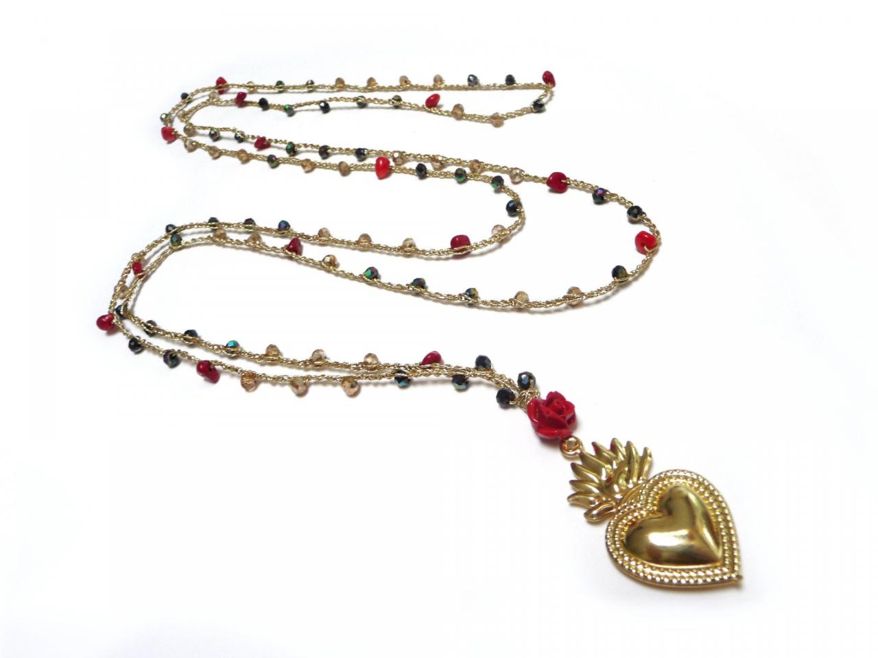 Gold Sacred Heart Necklace, Long Beaded Crochet Necklace With Red Coral Chips + Gold And Black Crystals, Milagro Heart Pendant Mexican Style
