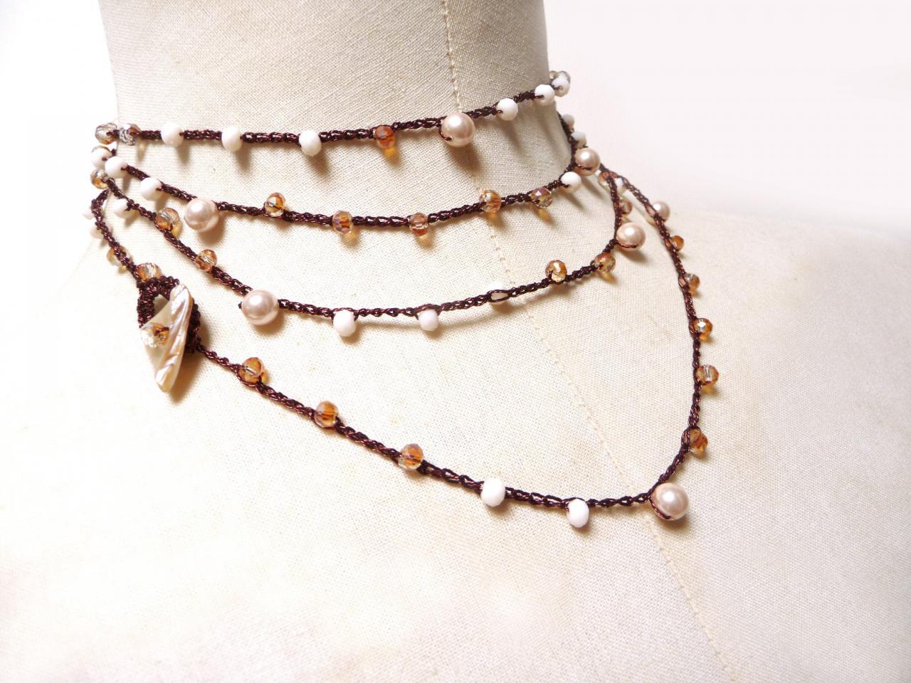 Long Beaded Necklace / Multi Wrap Bracelet, Rosary Crochet Necklace With Peach Pink And Cream White Crystals And Pearls, Copper Brown Thread