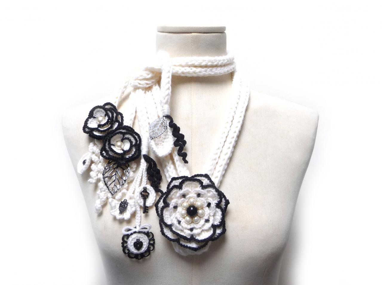 White And Black Crochet Necklace With Flowers, Leaves, Glass Pearls And Charms - Made To Order Crochet Scarf Neckwarmer - Peony