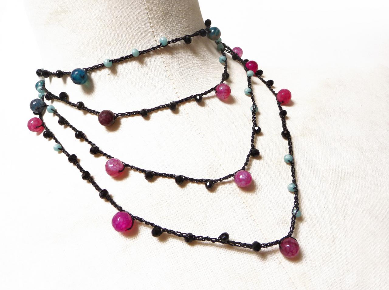 Black Long Beaded Necklace With Pink And Green Semi Precious Beads And Tiny Crystals, Crochet Rosary Necklace
