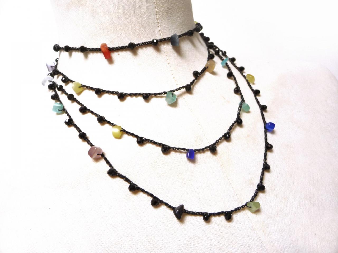 Long Beaded Necklace With Black Crystals And Multicolor Gemstone Chips, Crochet Rosary Necklace