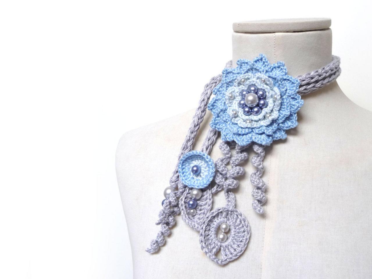 Crochet Cotton Lariat Necklace - Light Grey Leaves And Baby Blue Flower With Glass Pearls - Little Peony