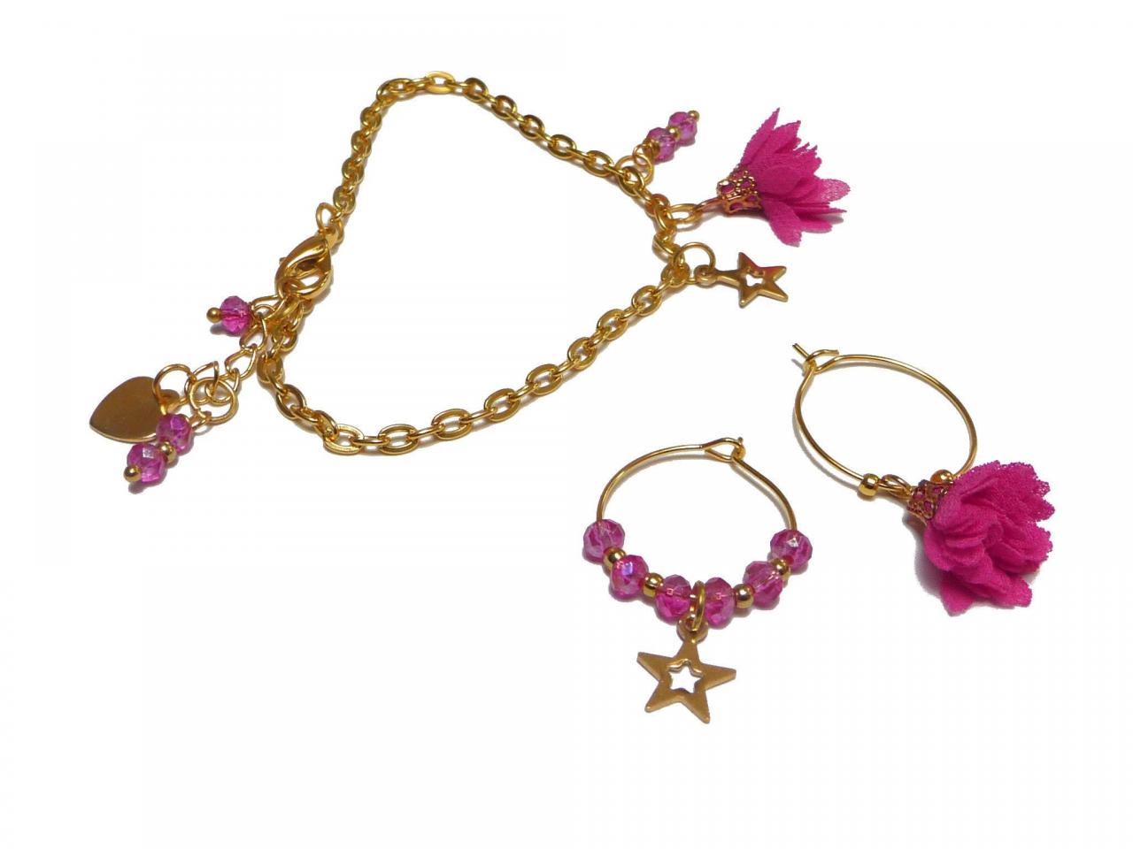 Gold And Pink Earrings And Bracelet Set - Mismatched Hoop Earrings With Star And Flower Charms - Personalized Gift For Your Sister
