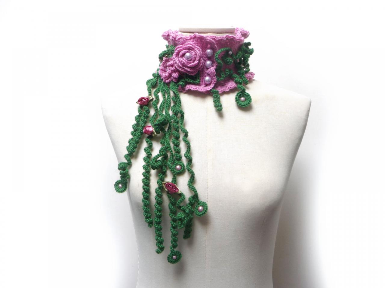 Wool Crochet Scarf Necklace With Pink And Green Flowers, Pearls And Leaves - Freeform Floral Cowl / Neckwarmer - Muriel