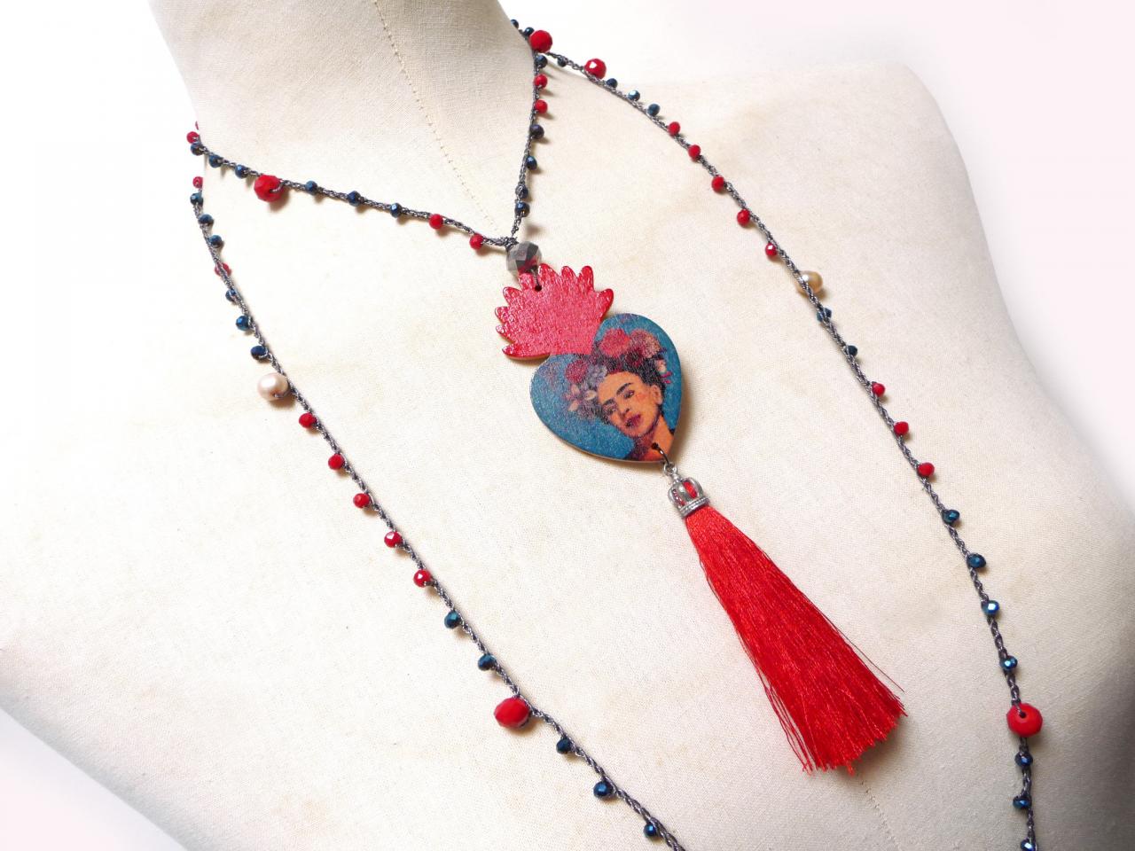Milagro Heart Necklace, Long Beaded Necklace Mexican Style, Red And Blue Tassel Necklace, Portrait Cameo Pendant, Boho Gipsy Style