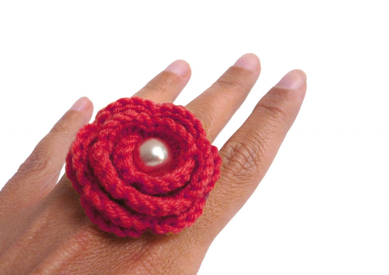 Custom Color Flower Ring, Crochet Red Wool Rose - Adjustable, Boho, Romantic Ring - Bridesmaid, Friend, Mom, Valentines Gift