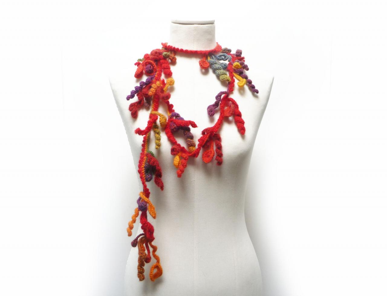 Crochet Freeform Lariat Necklace, Red Orange Yellow Purple Green Wool With Flowers And Leaves, Long Fall Winter Fiber Garland Necklace