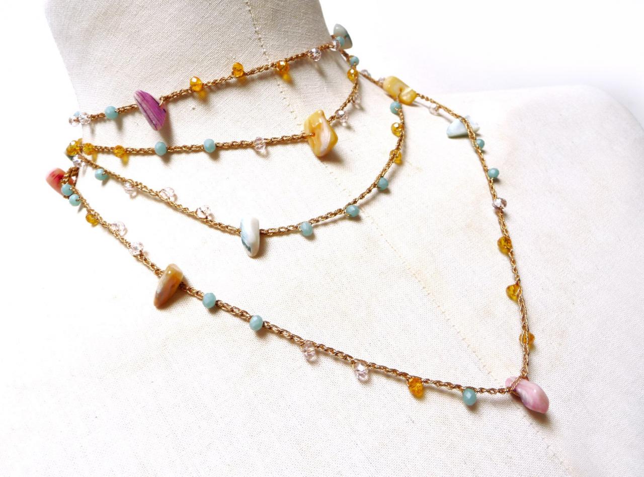 Long Beaded Necklace With Yellow Pink Aqua Green Crystals + Multicolor Pastel Shell Chips, Multi Wrap Bracelet, Rosary Crochet Necklace
